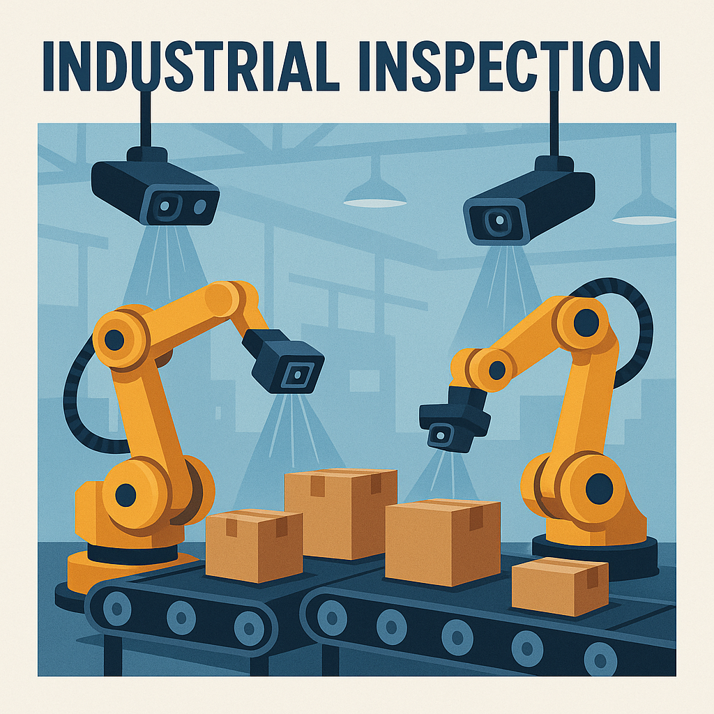Industrial Inspection: Robotic arms and cameras inspecting products on a conveyor belt in a factory